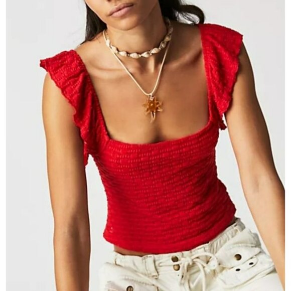 Free People Top Red Ruffled Textured M Womens - Picture 1 of 9